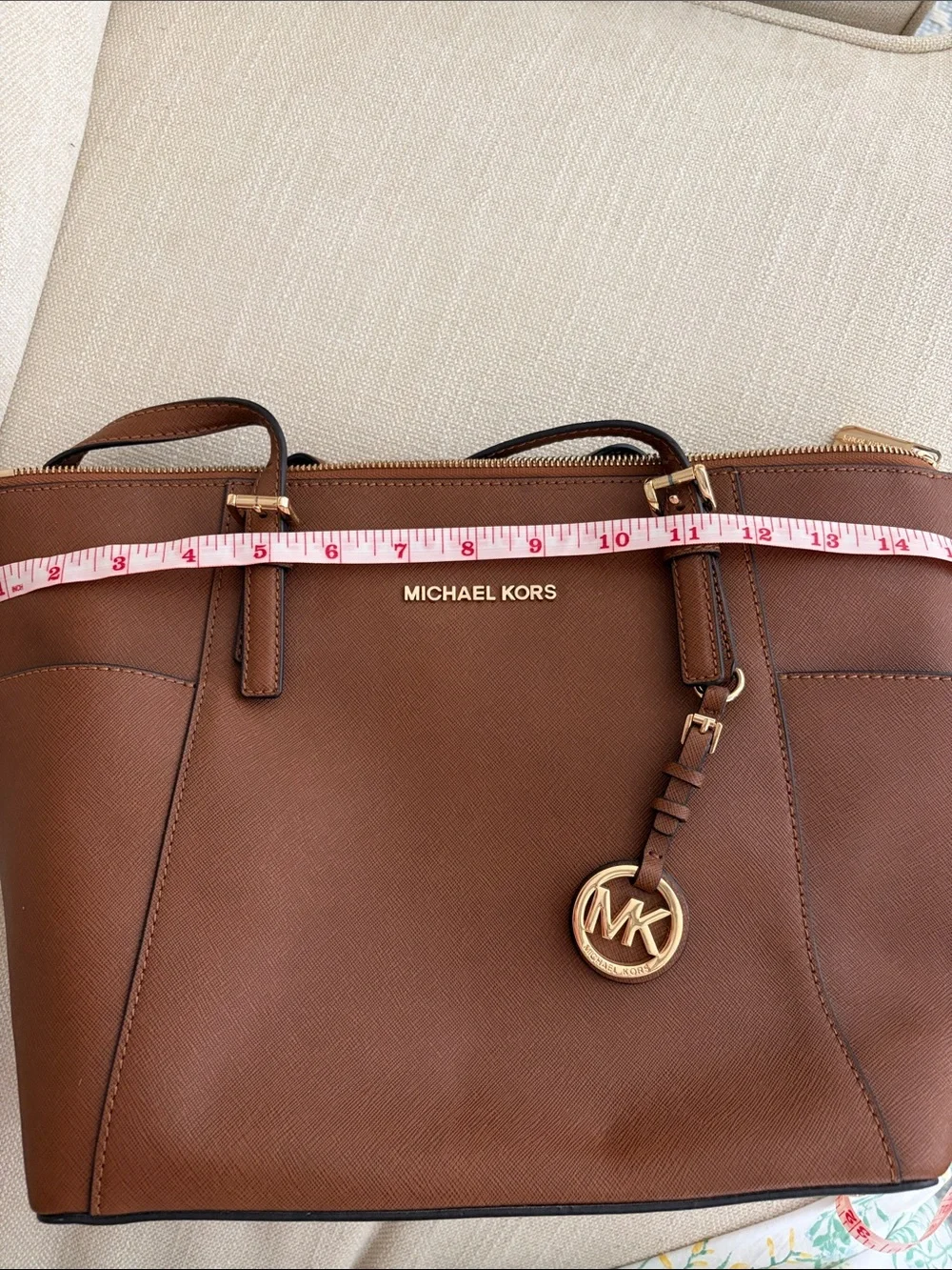 Michael Kors Tan Saffiano Leather Tote with Gold MK Charm